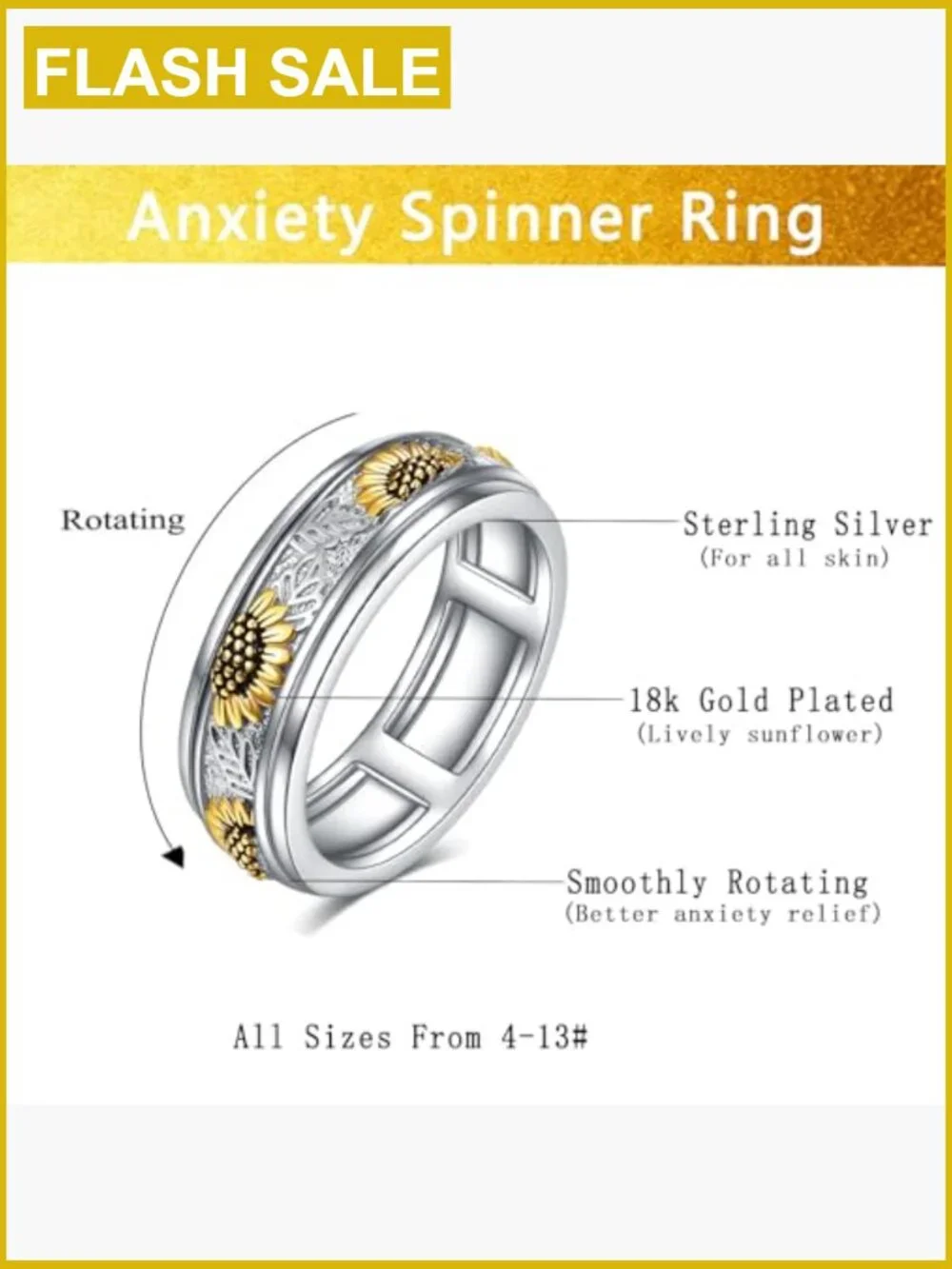 Sterling Silver Spinner Fidget Ring Anxiety Stress Relief Sunflower Band